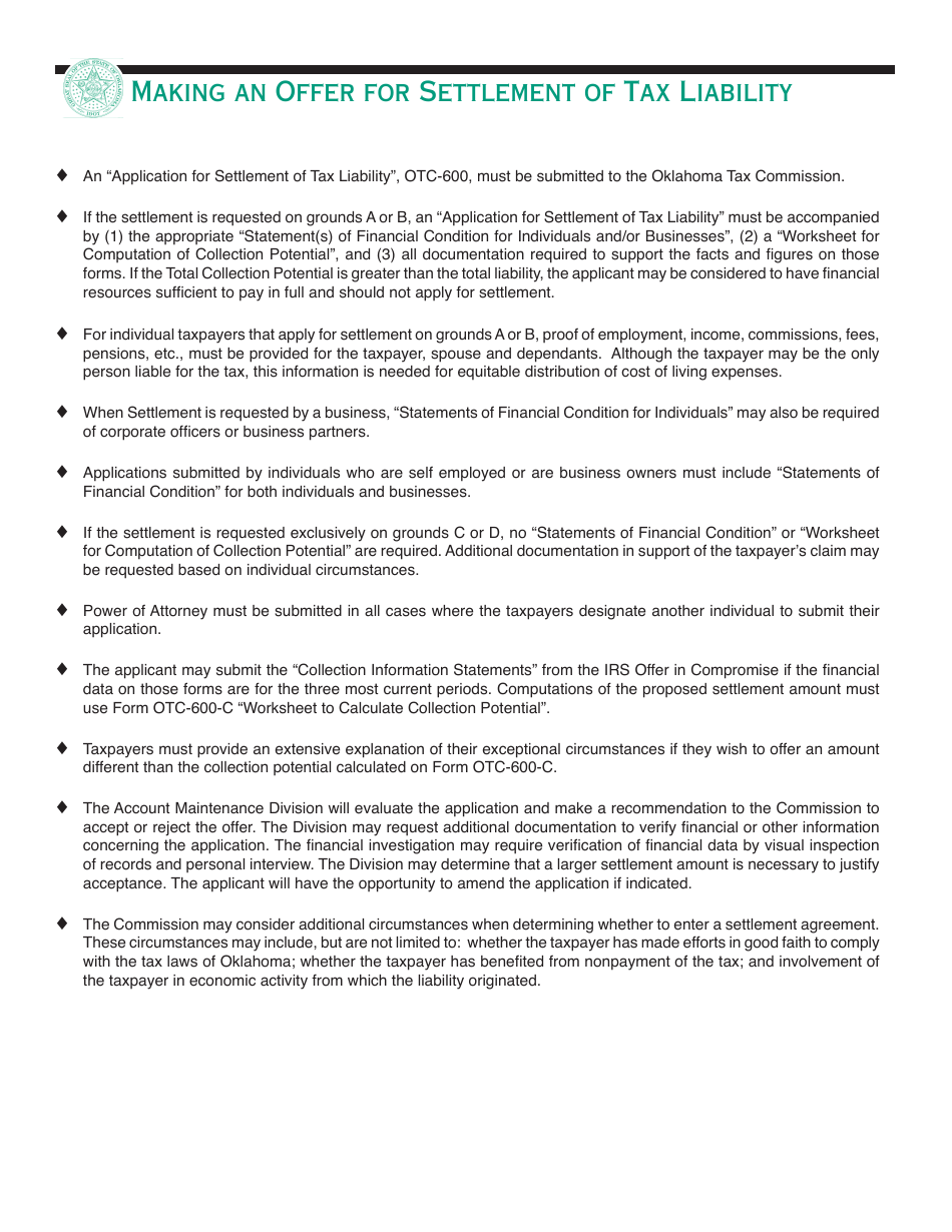 Packet S - Application for Settlement of Tax Liability - Oklahoma, Page 4