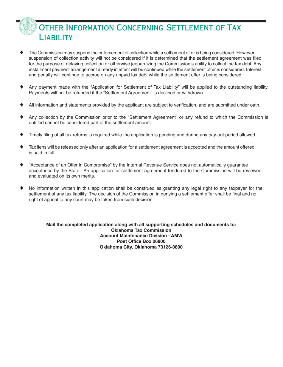 Packet S - Application for Settlement of Tax Liability - Oklahoma, Page 6