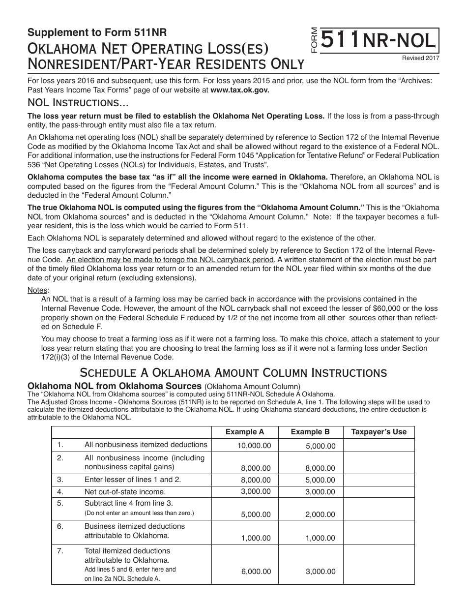 OTC Form 511NR-NOL Oklahoma Net Operating Loss(Es) Nonresident / Part-Year Residents Only - Oklahoma, Page 1