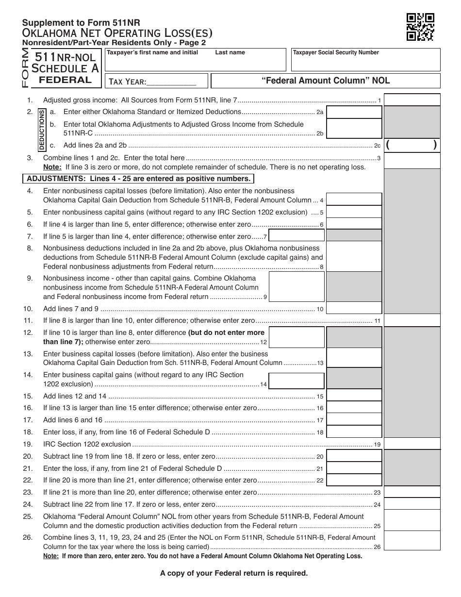OTC Form 511NR-NOL Oklahoma Net Operating Loss(Es) Nonresident / Part-Year Residents Only - Oklahoma, Page 2