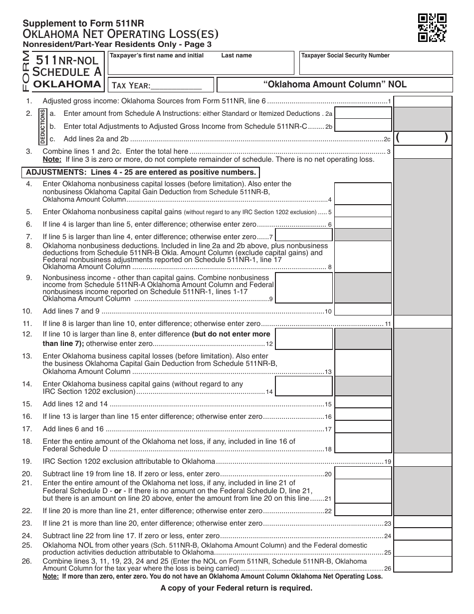 OTC Form 511NR-NOL Oklahoma Net Operating Loss(Es) Nonresident / Part-Year Residents Only - Oklahoma, Page 3
