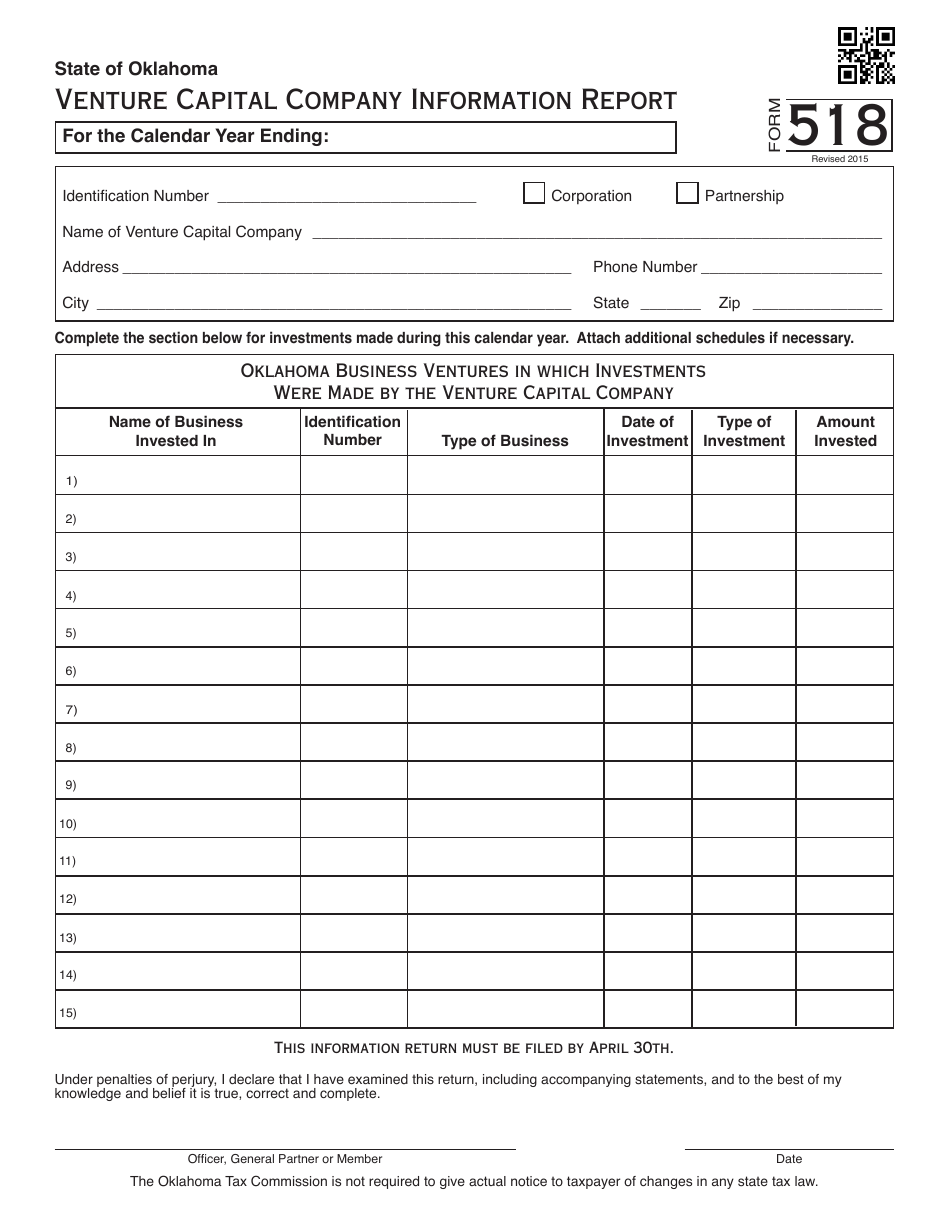 OTC Form 518 Venture Capital Company Information Report - Oklahoma, Page 1