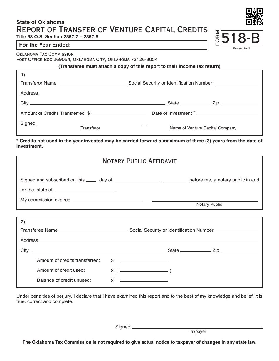 OTC Form 518-B Report of Transfer of Venture Capital Credits - Oklahoma, Page 1
