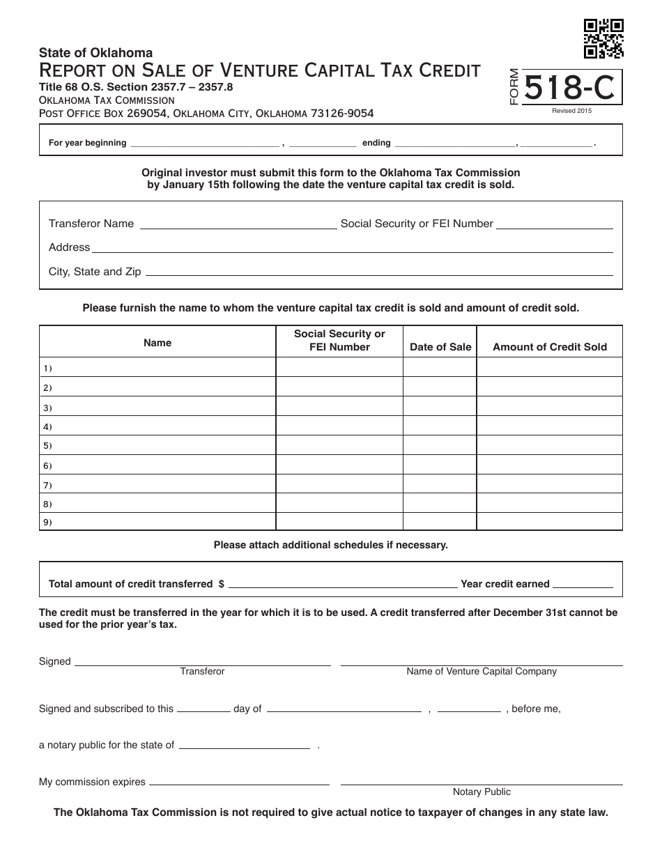 OTC Form 518-C Report on Sale of Venture Capital Tax Credit - Oklahoma, Page 1