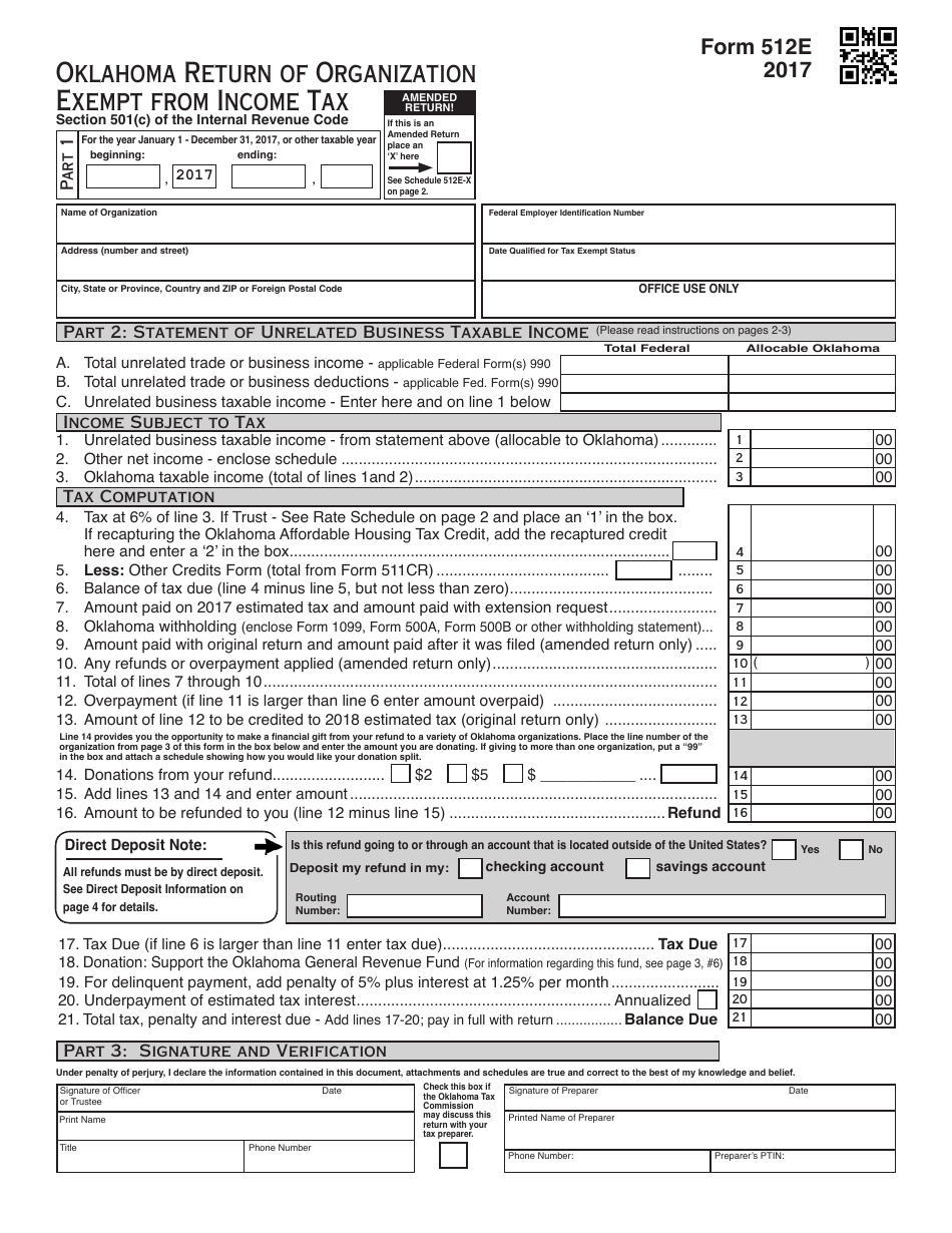 OTC Form 512E Return of Organization Exempt From Income Tax - Oklahoma, Page 1
