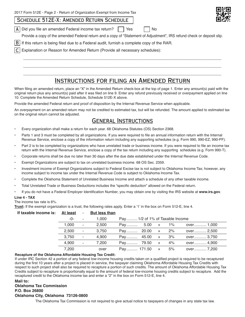 OTC Form 512E Return of Organization Exempt From Income Tax - Oklahoma, Page 2