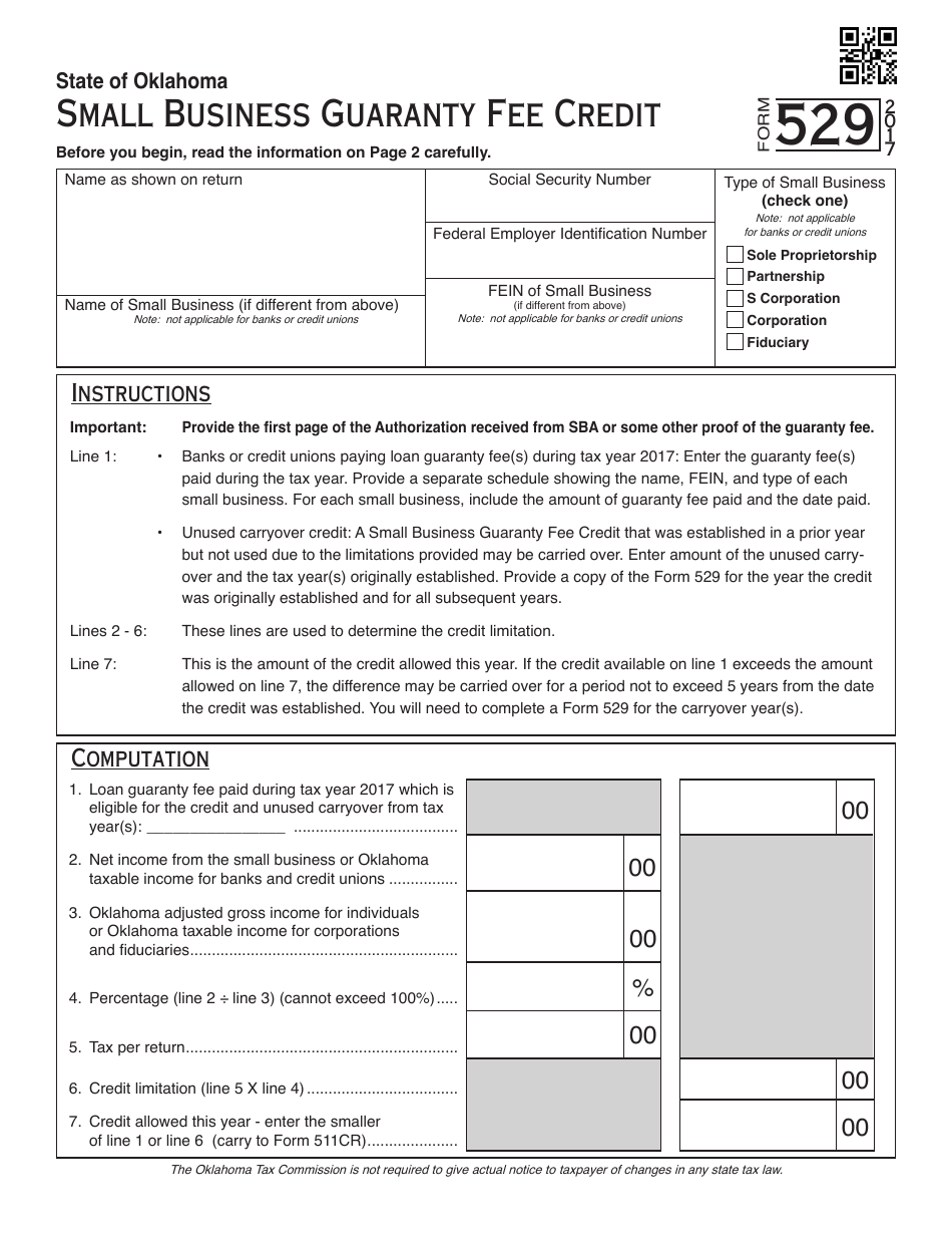 OTC Form 529 Small Business Guaranty Fee Credit - Oklahoma, Page 1
