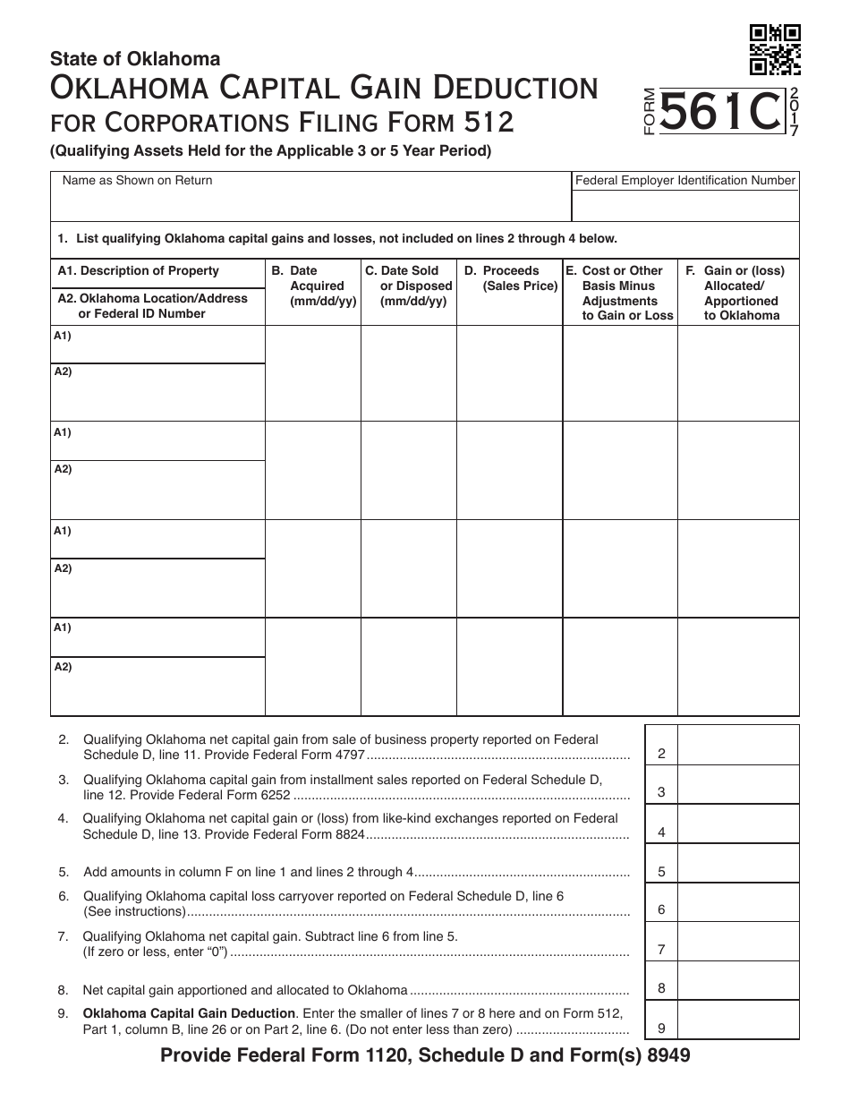 OTC Form 561C Capital Gain Deduction for Corporations Filing Form 512 - Oklahoma, Page 1