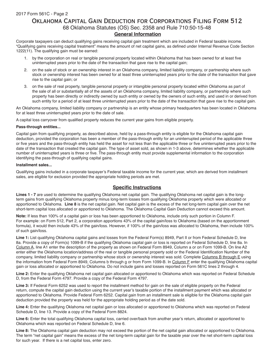 OTC Form 561C Capital Gain Deduction for Corporations Filing Form 512 - Oklahoma, Page 2