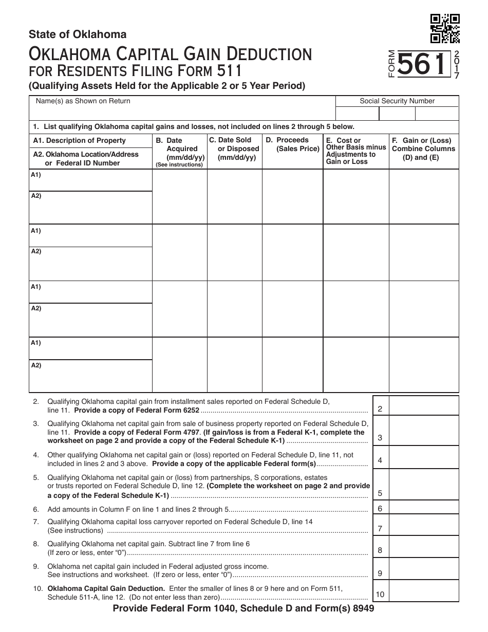OTC Form 561 Capital Gain Deduction for Residents Filing Form 511 - Oklahoma, Page 1