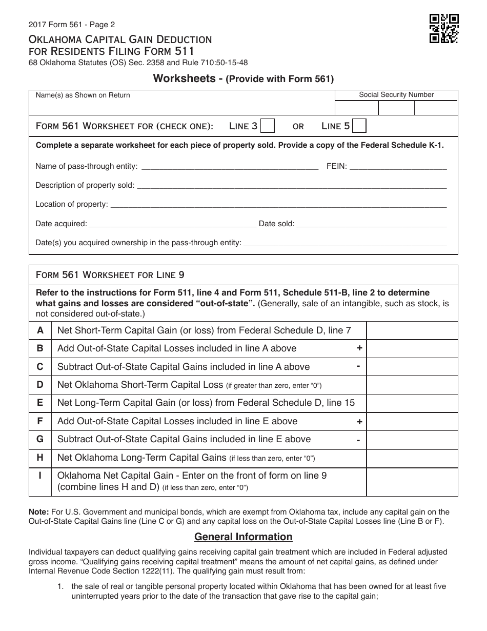 OTC Form 561 Capital Gain Deduction for Residents Filing Form 511 - Oklahoma, Page 2