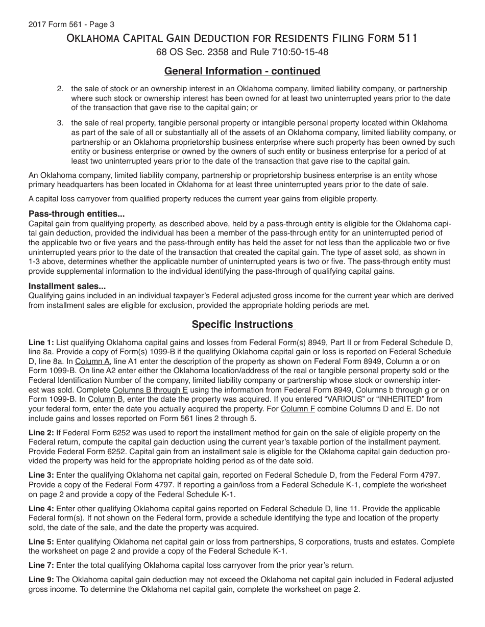 OTC Form 561 Capital Gain Deduction for Residents Filing Form 511 - Oklahoma, Page 3