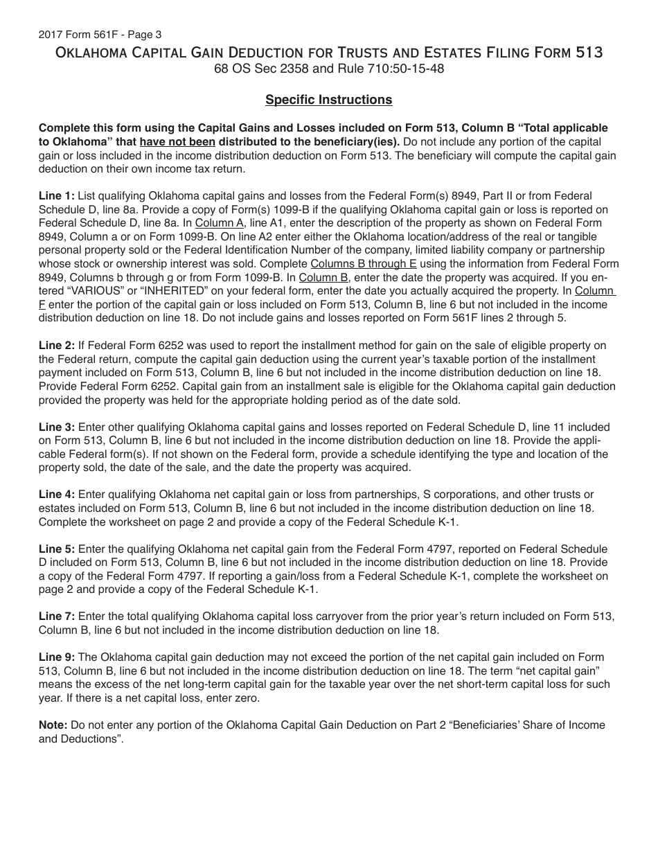 OTC Form 561F Oklahoma Capital Gain Deduction for Trusts and Estates Filing Form 513 - Oklahoma, Page 3