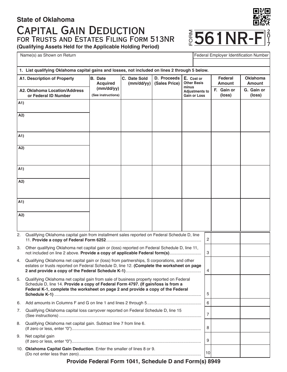 OTC Form 561NR-F Capital Gain Deduction for Trusts and Estates Filing Form 513nr - Oklahoma, Page 1