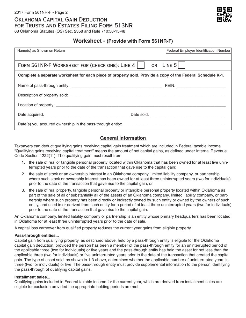 OTC Form 561NR-F Capital Gain Deduction for Trusts and Estates Filing Form 513nr - Oklahoma, Page 2