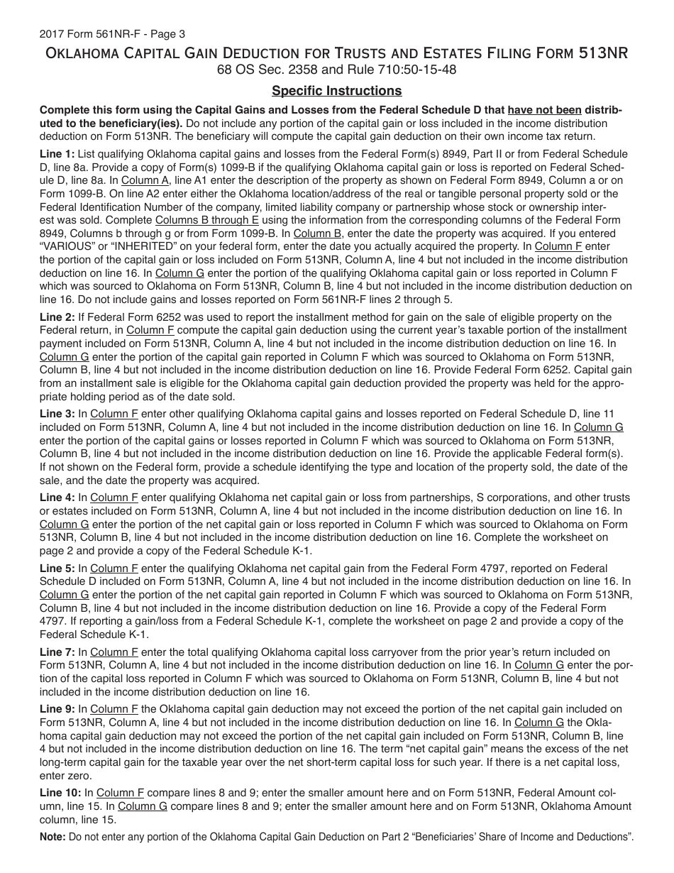 OTC Form 561NR-F Capital Gain Deduction for Trusts and Estates Filing Form 513nr - Oklahoma, Page 3
