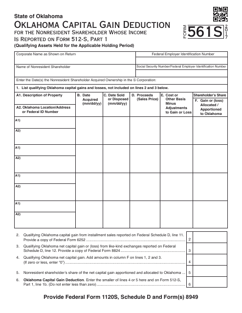 OTC Form 561S Capital Gain Deduction for Nonresident Shareholders Whose Income Is Reported on Form 512-s, Part 1 - Oklahoma, 2017