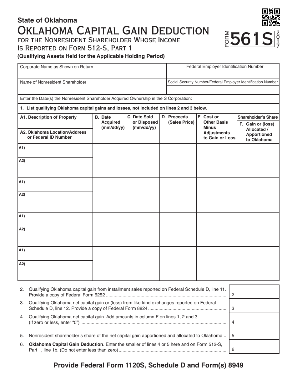 OTC Form 561S Capital Gain Deduction for Nonresident Shareholders Whose Income Is Reported on Form 512-s, Part 1 - Oklahoma, Page 1