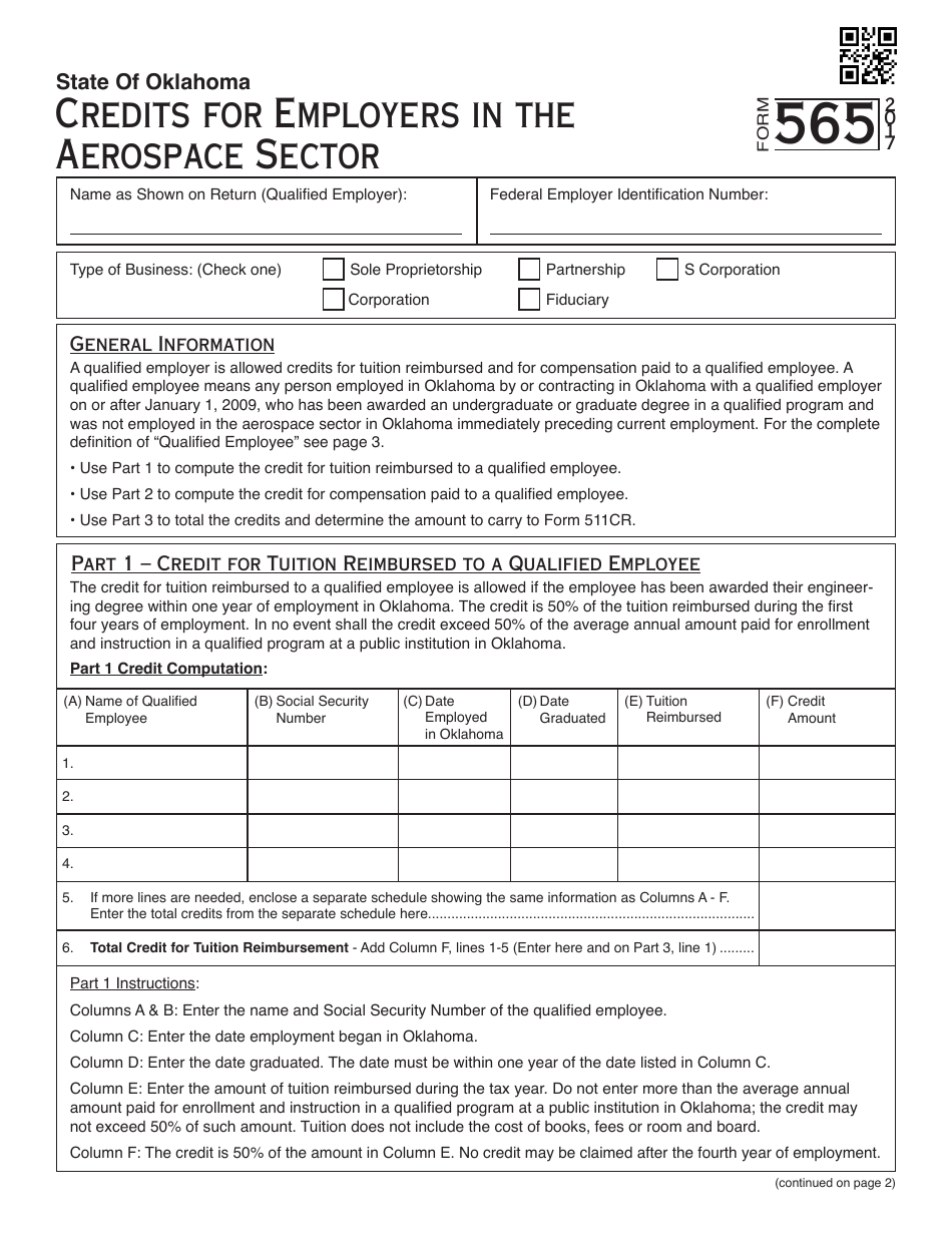 OTC Form 565 Credits for Employers in the Aerospace Sector - Oklahoma, Page 1