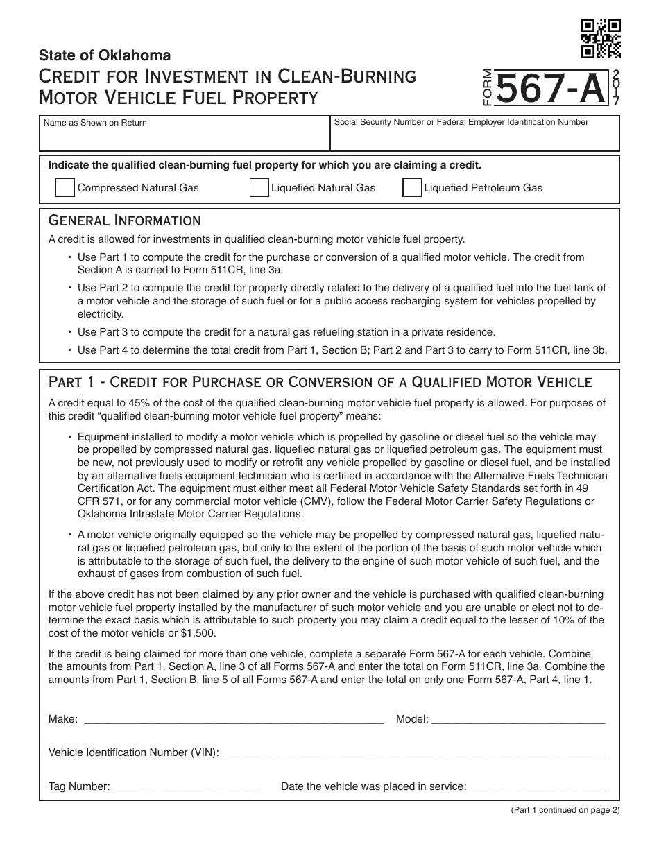 OTC Form 567-A Credit for Investment in a Clean-Burning Motor Vehicle Fuel Property - Oklahoma, Page 1