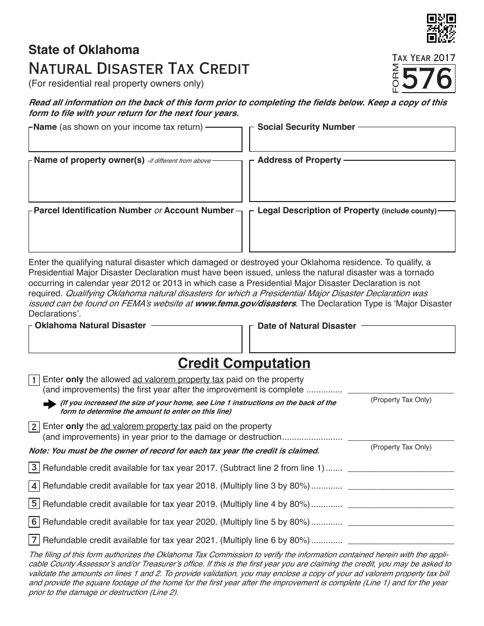 OTC Form 576 Natural Disaster Tax Credit (For Residential Real Property Owners Only) - Oklahoma, Page 1