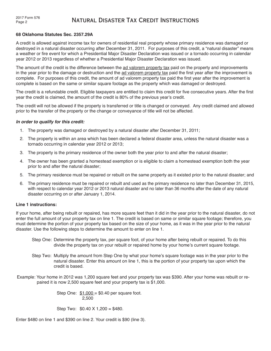 OTC Form 576 Natural Disaster Tax Credit (For Residential Real Property Owners Only) - Oklahoma, Page 2
