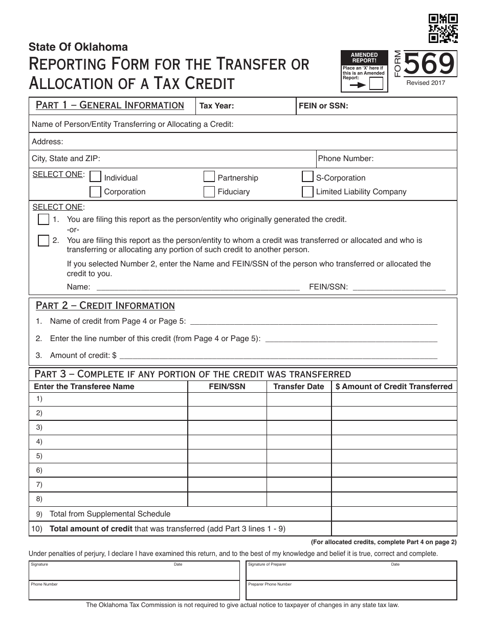 OTC Form 569 Reporting Form for the Transfer or Allocation of a Tax Credit - Oklahoma, Page 1