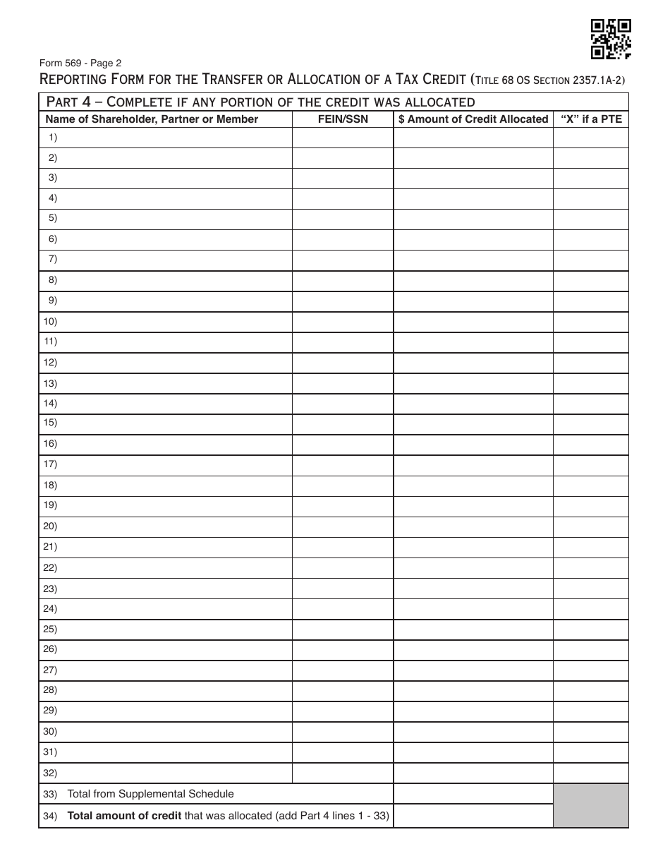 OTC Form 569 Reporting Form for the Transfer or Allocation of a Tax Credit - Oklahoma, Page 2