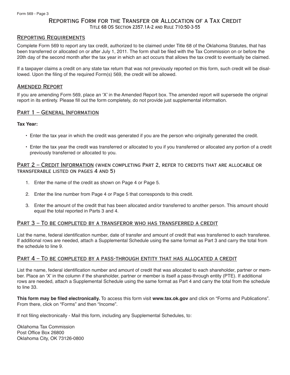 OTC Form 569 Reporting Form for the Transfer or Allocation of a Tax Credit - Oklahoma, Page 3