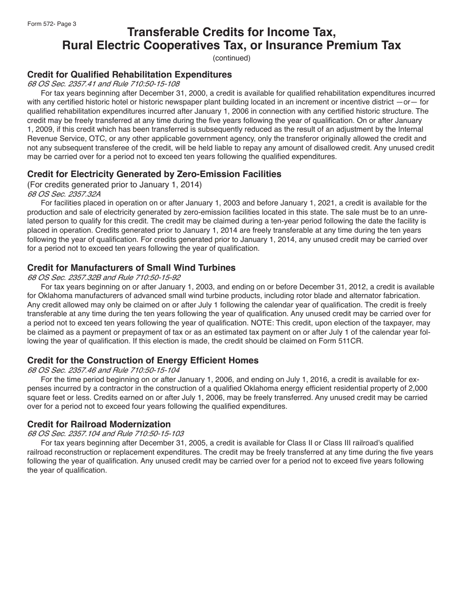 OTC Form 572 Transfer Agreement for Income Tax,rural Electric Cooperatives Tax,or Insurance Premium Tax Credit - Oklahoma, Page 3