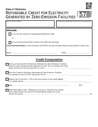 OTC Form 578 Refundable Credit for Electricity Generated by Zero-Emission Facilities - Oklahoma