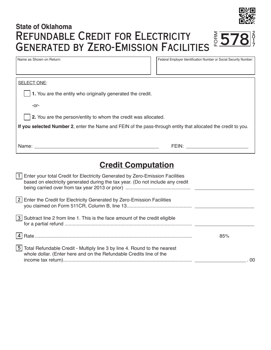 OTC Form 578 Refundable Credit for Electricity Generated by Zero-Emission Facilities - Oklahoma, Page 1