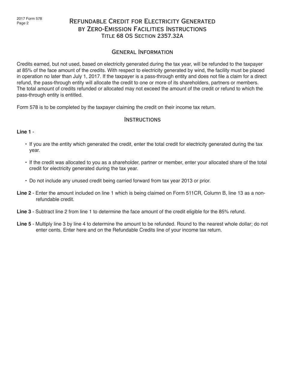 OTC Form 578 Refundable Credit for Electricity Generated by Zero-Emission Facilities - Oklahoma, Page 2