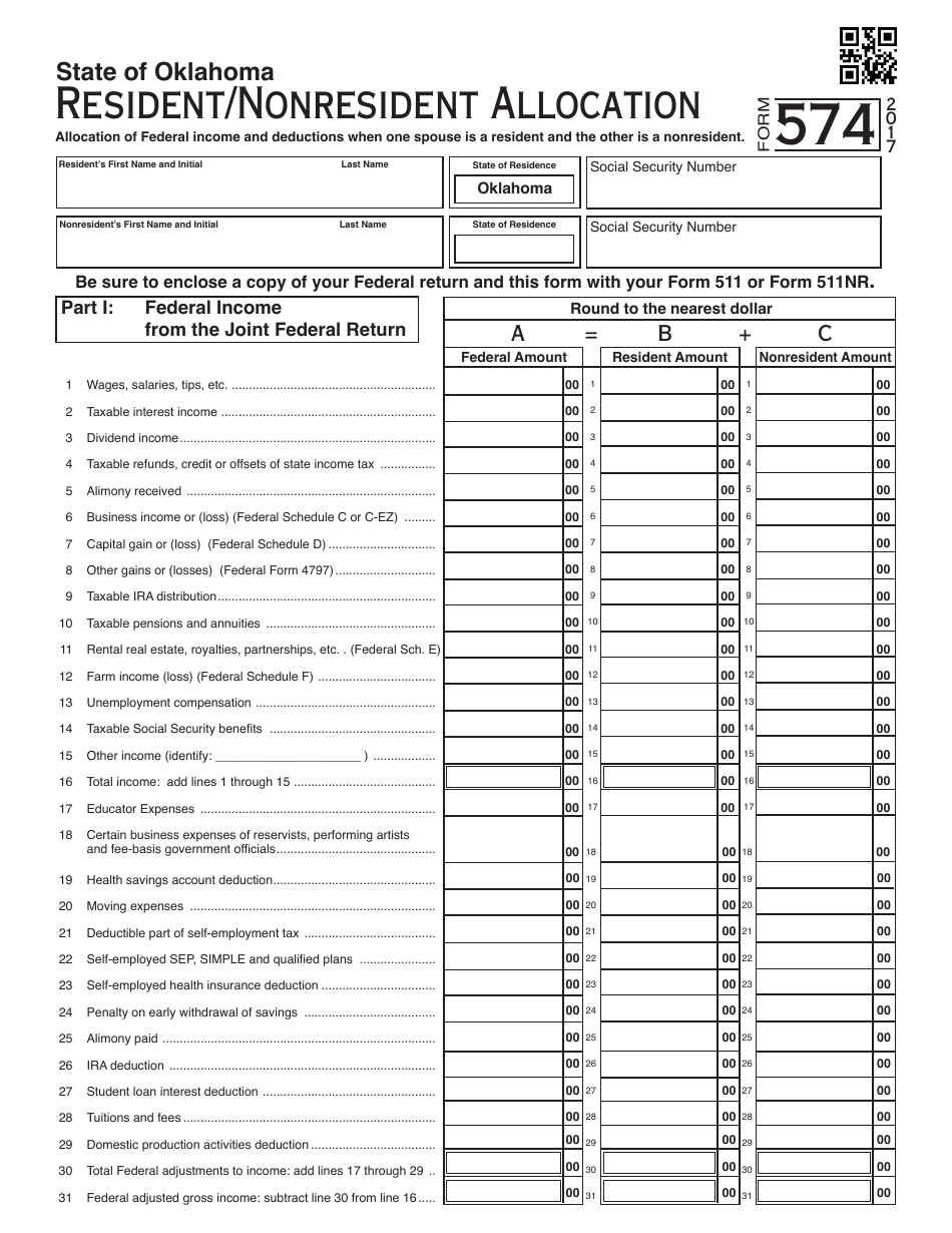 OTC Form 574 Oklahoma Resident / Nonresident Allocation - Oklahoma, Page 1