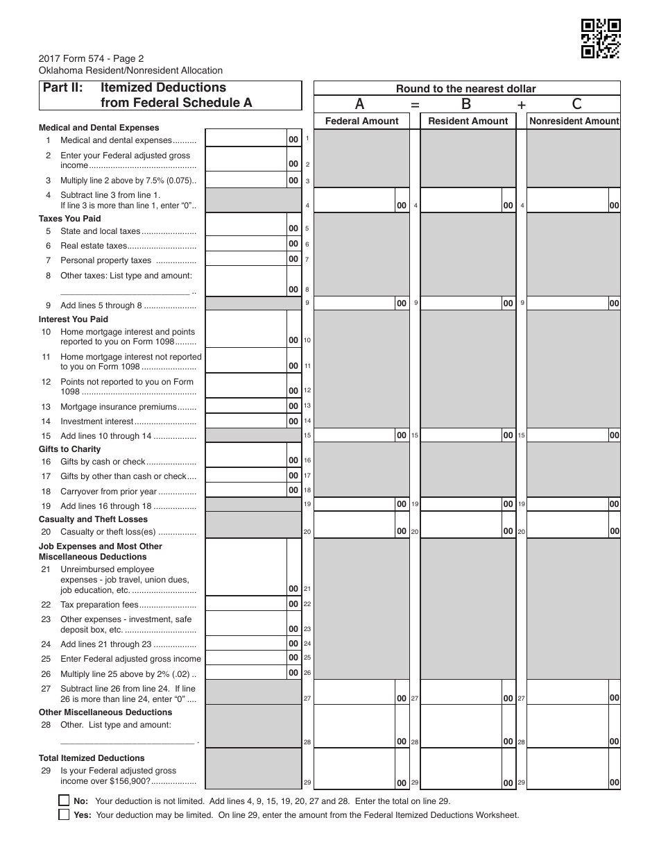 OTC Form 574 Oklahoma Resident / Nonresident Allocation - Oklahoma, Page 2