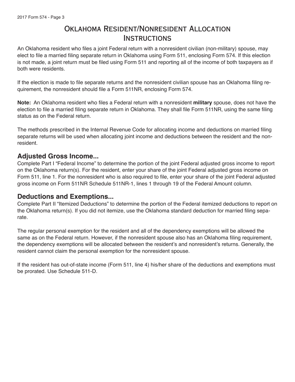 OTC Form 574 Oklahoma Resident / Nonresident Allocation - Oklahoma, Page 3