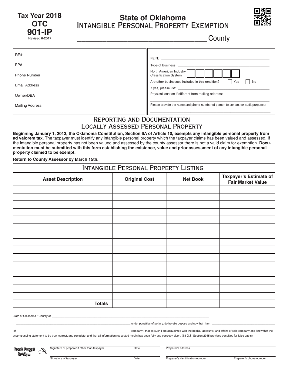 OTC Form OTC901-IP Intangible Personal Property Exemption - Oklahoma, Page 1