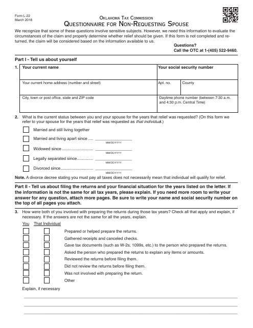 OTC Form L-22 Questionnaire for Non-requesting Spouse - Oklahoma