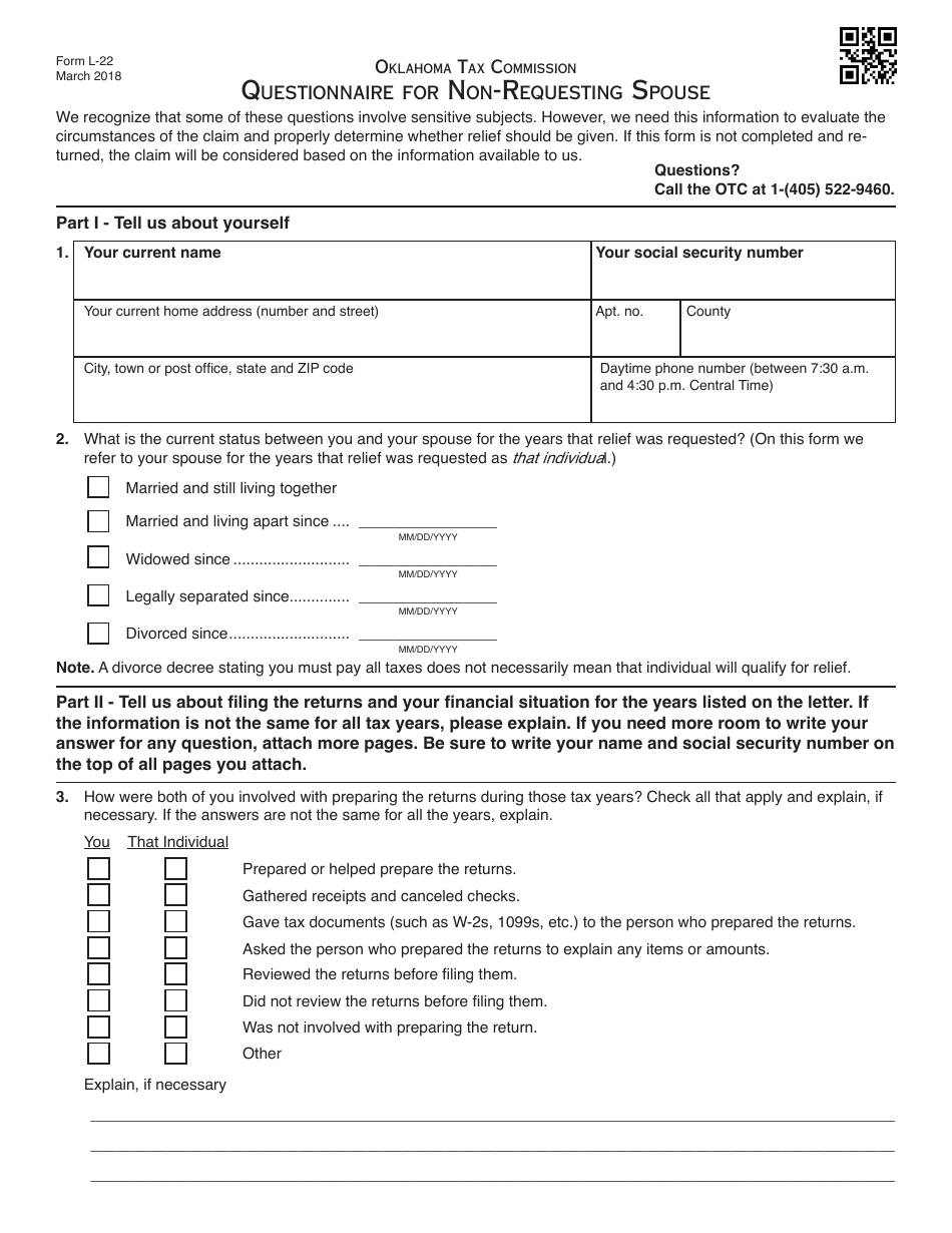 OTC Form L-22 Questionnaire for Non-requesting Spouse - Oklahoma, Page 1
