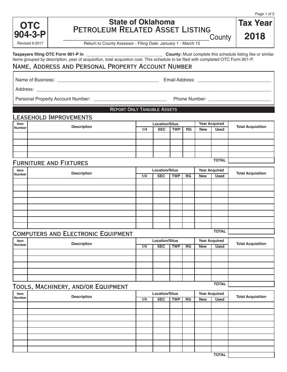 OTC Form 904-3-P Petroleum Related Asset Listing - Oklahoma, Page 1