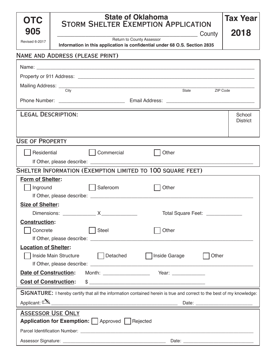 OTC Form OTC905 Storm Shelter Exemption Application - Oklahoma, Page 1