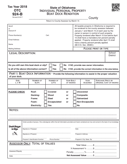 OTC Form OTC924-B Individual Personal Property Boat Dock Rendition - Oklahoma, 2018