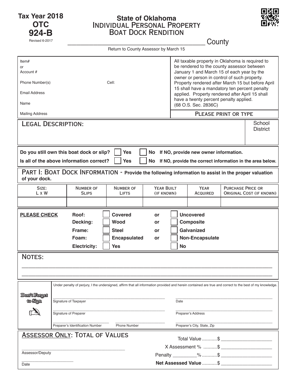 OTC Form OTC924-B Individual Personal Property Boat Dock Rendition - Oklahoma, Page 1