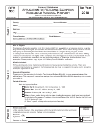 Document preview: OTC Form OTC930 Application for Veterans Exemption Household Personal Property - Oklahoma, 2018