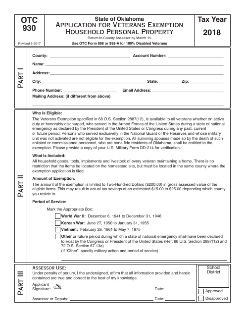 OTC Form OTC930 Application for Veterans Exemption Household Personal Property - Oklahoma, 2018