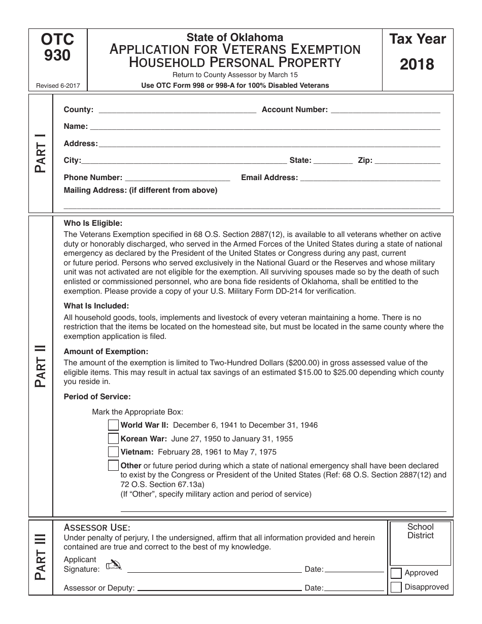 OTC Form OTC930 Application for Veterans Exemption Household Personal Property - Oklahoma, Page 1