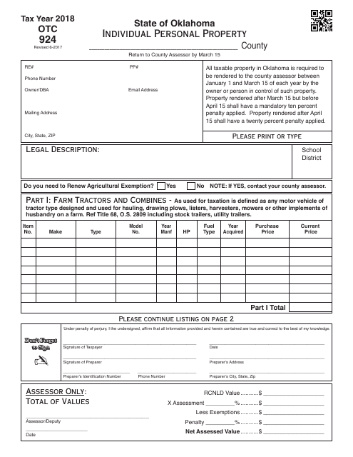 OTC Form OTC924 Individual Personal Property - Oklahoma, 2018