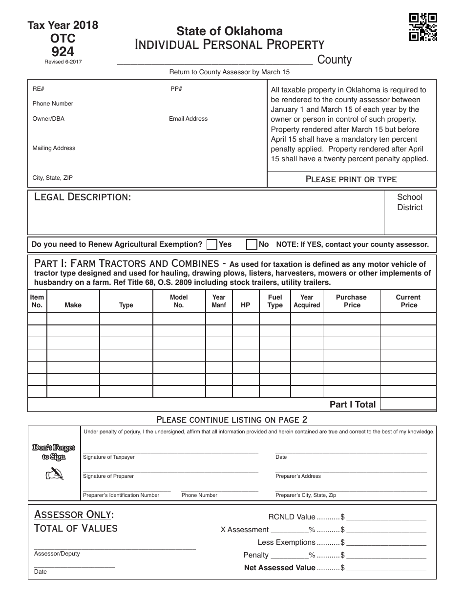 OTC Form OTC924 Individual Personal Property - Oklahoma, Page 1