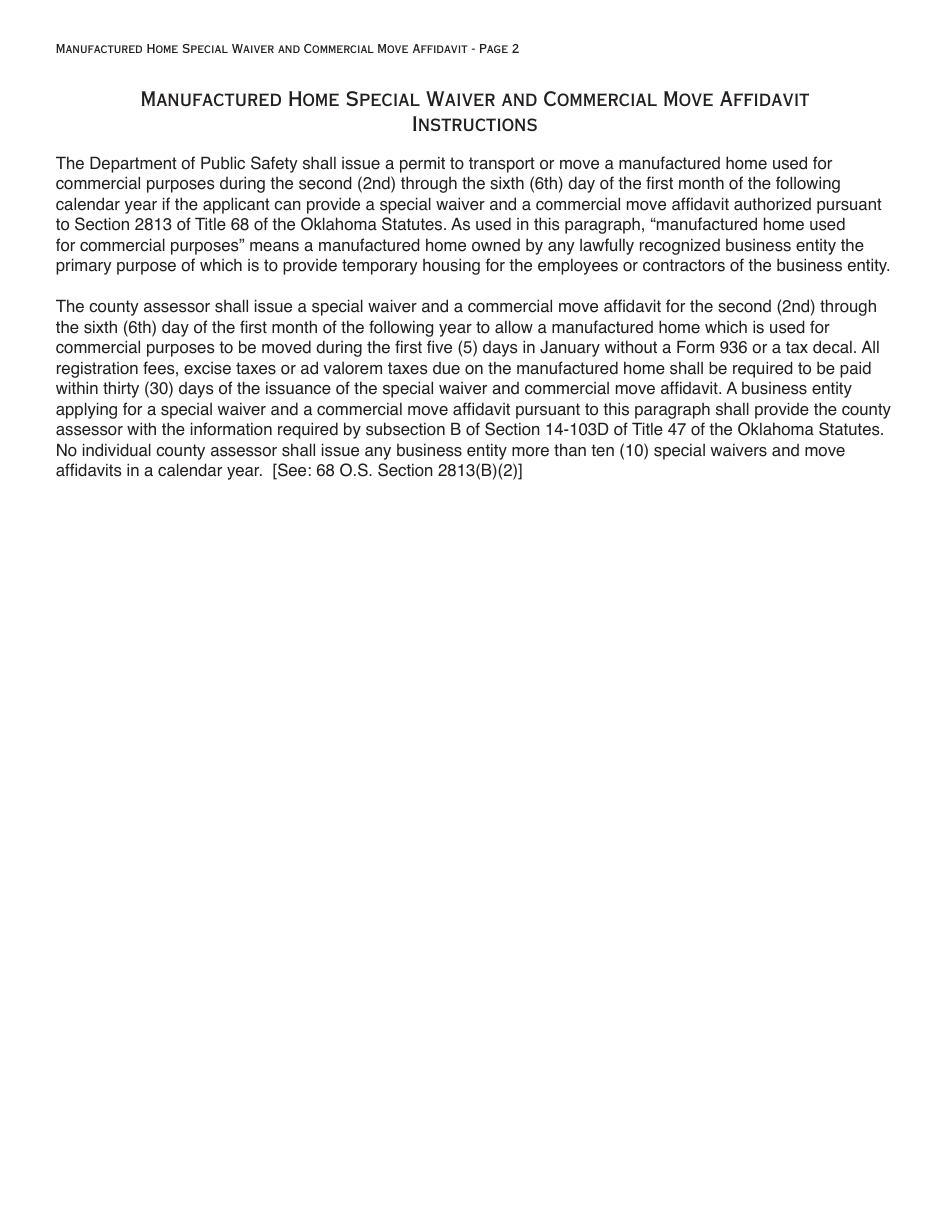 OTC Form OTC932 Manufactured Home Special Waiver and Commercial Move Affidavit - Oklahoma, Page 2