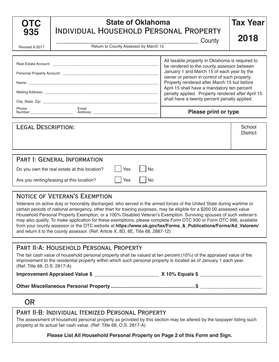 OTC Form 935 Oklahoma Household Personal Property Rendition - Oklahoma, Page 1
